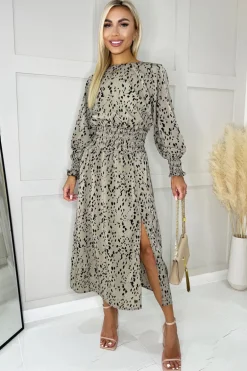 Beige Animal Print Long Sleeve Shirred Detail Midi Dress