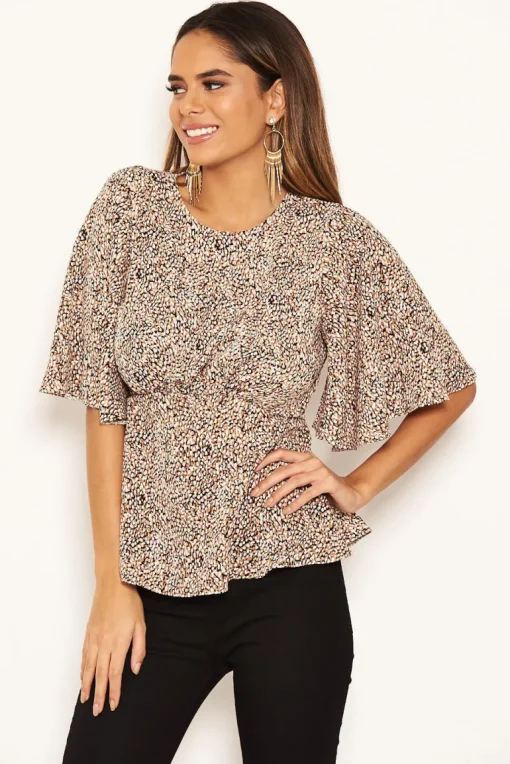Beige Printed Frill Blouse