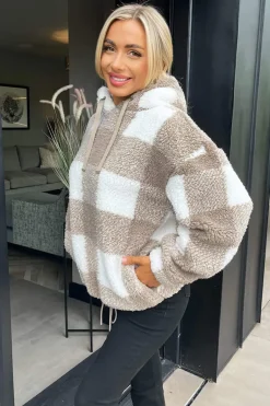 Biscuit Check Drawstring Teddy Hoodie