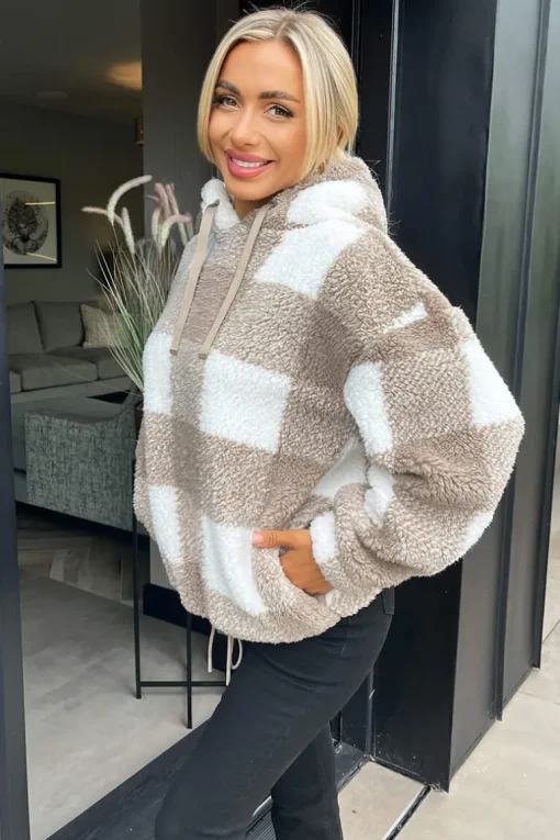 Biscuit Check Drawstring Teddy Hoodie