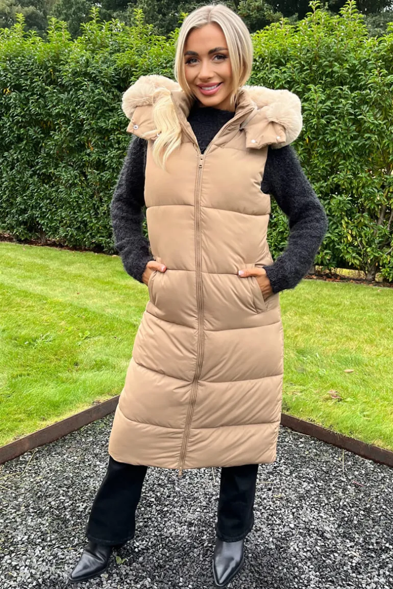 Biscuit Faux Fur Hooded Longline Padded Gilet