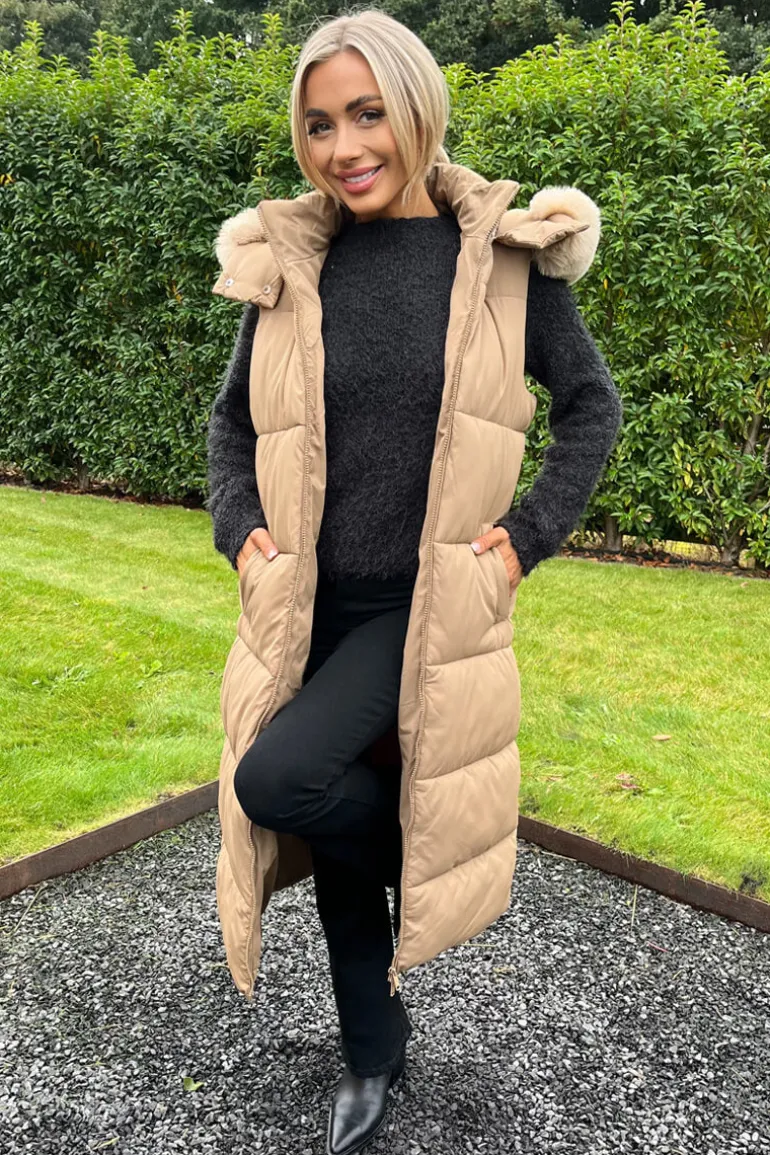 Biscuit Faux Fur Hooded Longline Padded Gilet