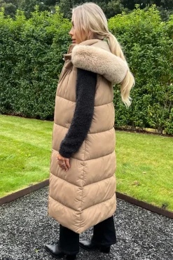 Biscuit Faux Fur Hooded Longline Padded Gilet