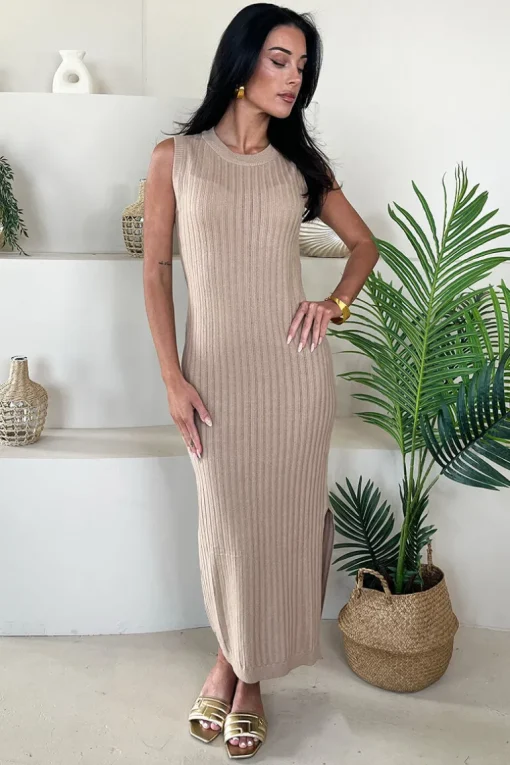 Biscuit Knitted Side Split Hem Midi Dress