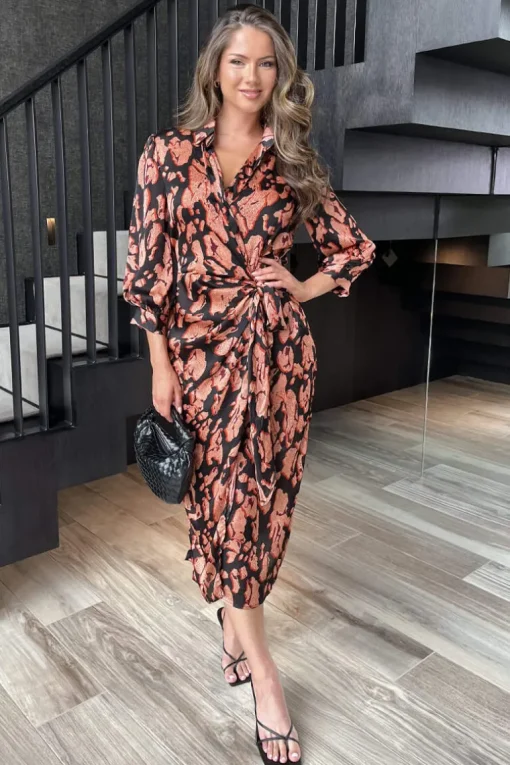 Black Abstract Print 3/4 Sleeved Tie Waist Midi Dress