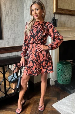 Black Abstract Print Long Sleeve Pleated Shoulder Mini Dress