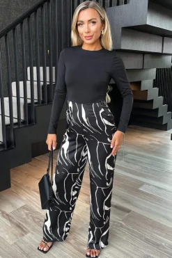 Black Abstract Stripe Print 2 in 1 Long Sleeve Wide Leg Jumpsuit