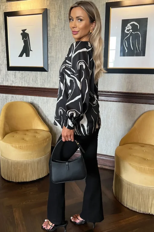 Black Abstract Stripe Print Long Cuff Sleeved Top