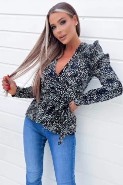 Black And Blue Printed Belted Wrap Top