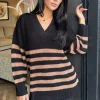 Black And Camel Stripe V-Neck Knit Jumper