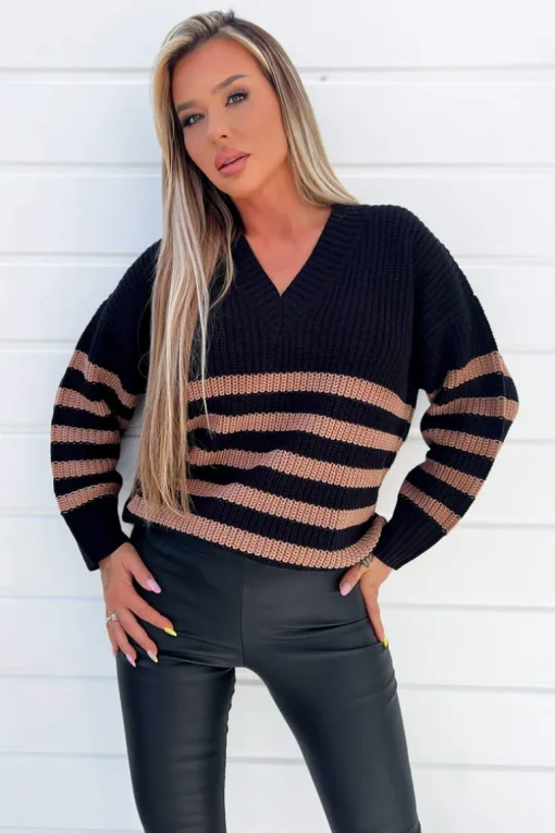 Black And Camel Stripe V-Neck Knit Jumper