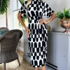 Black And Cream Abstract Print High Neck Wrap Skirt Midi Dress