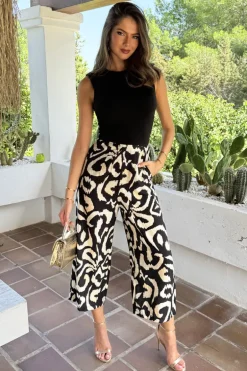 Black And Cream Abstract Print 2 In 1 Culotte Jumpsuit