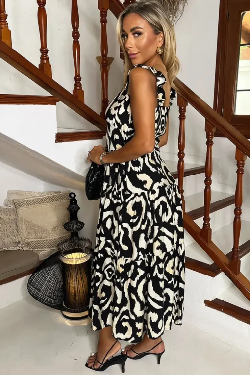 Black And Cream Abstract Print Frill Strap Midi Dress