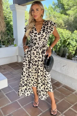 Black And Cream Leopard Print Short Sleeve Belted Wrap Midi Dress