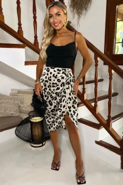 Black and Cream Leopard Print 2 In 1 Strappy Cowl Neck Gathered Midi Dress