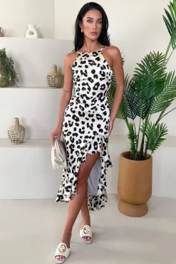 Black and Cream Leopard Print High Low Frill Hem Midi Dress