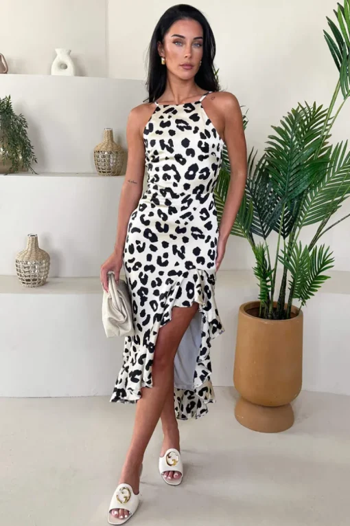 Black and Cream Leopard Print High Low Frill Hem Midi Dress