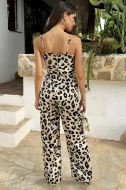Black And Cream Leopard Print Strappy Tie Waist Jumpsuit
