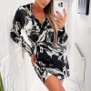 Black And Cream Marble Print Wrap Shirt Mini Dress
