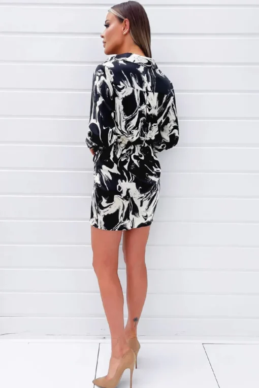 Black And Cream Marble Print Wrap Shirt Mini Dress