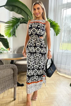 Black and Cream Printed Cut Out Waist Midi Dress