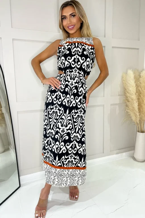 Black and Cream Printed Cut Out Waist Midi Dress