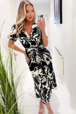 Black And Cream Printed Frill Front Midi Dress