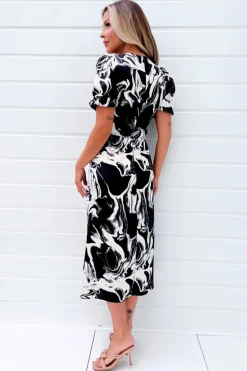 Black And Cream Printed Frill Front Midi Dress