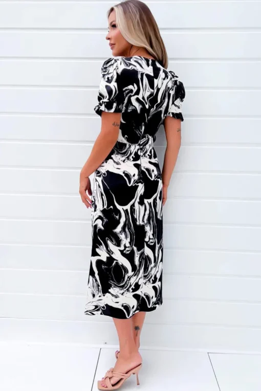 Black And Cream Printed Frill Front Midi Dress