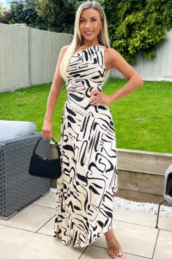 Black and Cream Printed One Shoulder Pleated Satin Midi Dress