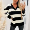 Black And Cream Stripe V-Neck Knitted Jumper