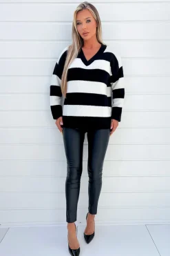 Black And Cream Stripe V-Neck Knitted Jumper