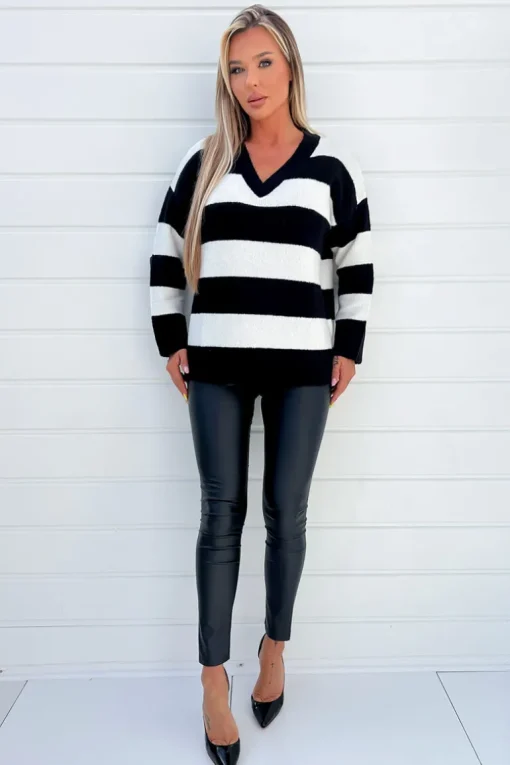 Black And Cream Stripe V-Neck Knitted Jumper