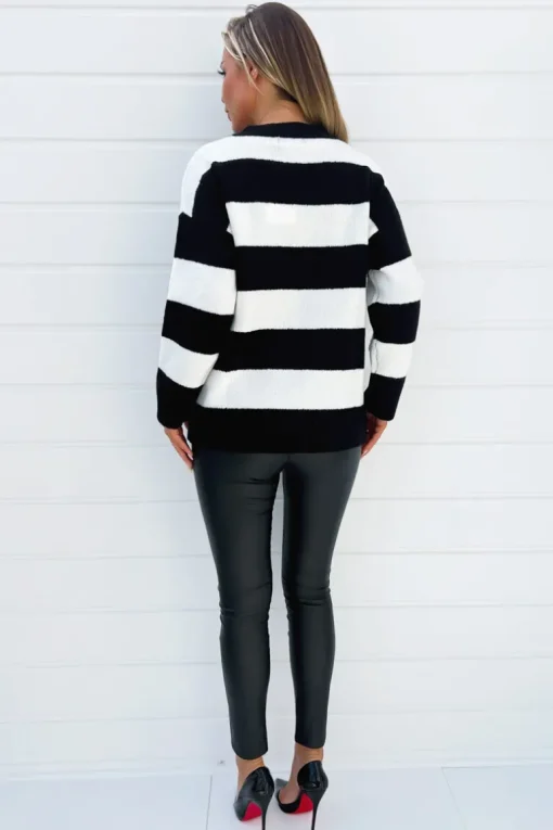 Black And Cream Stripe V-Neck Knitted Jumper