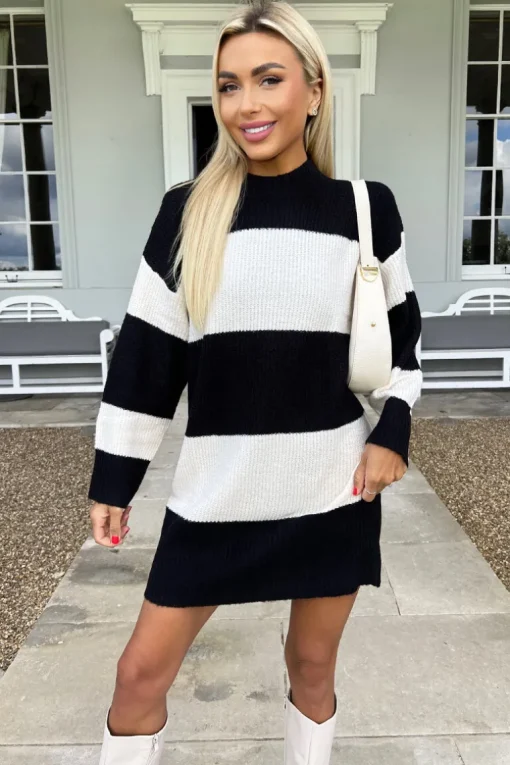 Black And Cream Striped Knitted Dress