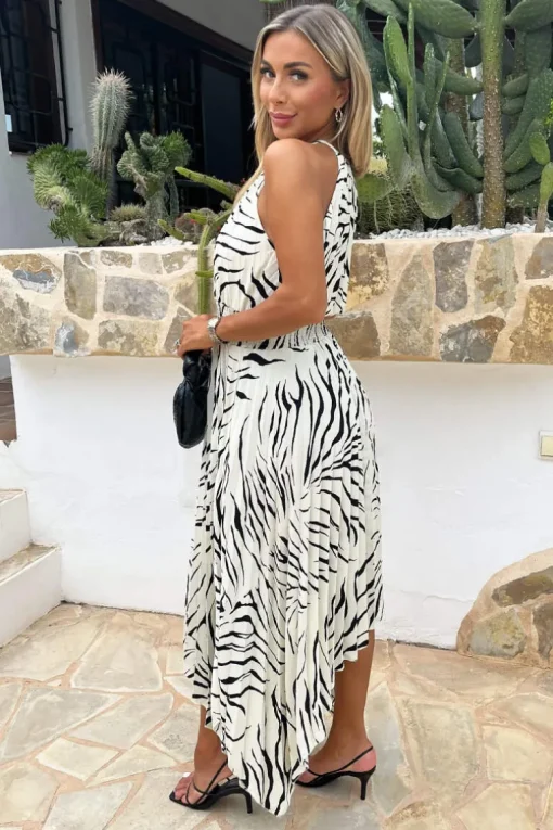 Black And Cream Zebra Print Zig Zag Hem Pleated Midi Dress
