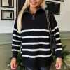 Black And Cream Zip Front Striped Knitted Jumper