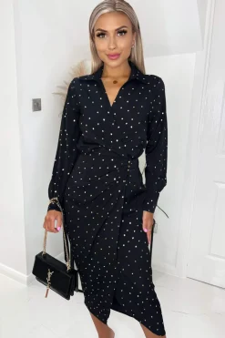Black And Gold Polka Dot Gathered Midi Dress