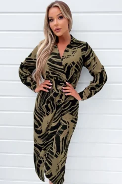 Black and Khaki Print Wrap Collared Midi Dress