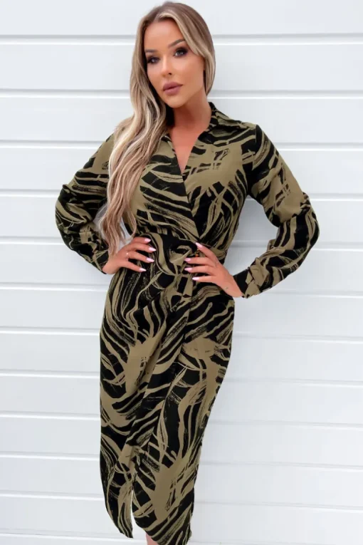Black and Khaki Print Wrap Collared Midi Dress