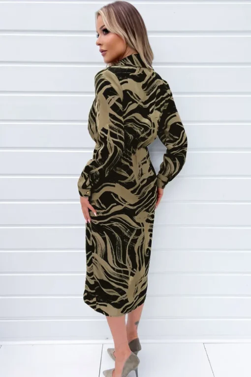 Black and Khaki Print Wrap Collared Midi Dress