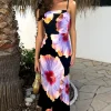 Black And Lilac Floral Print Strappy Slip Midi Dress