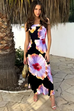 Black And Lilac Floral Print Strappy Slip Midi Dress