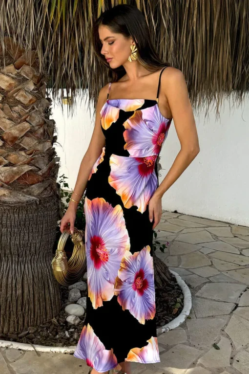 Black And Lilac Floral Print Strappy Slip Midi Dress
