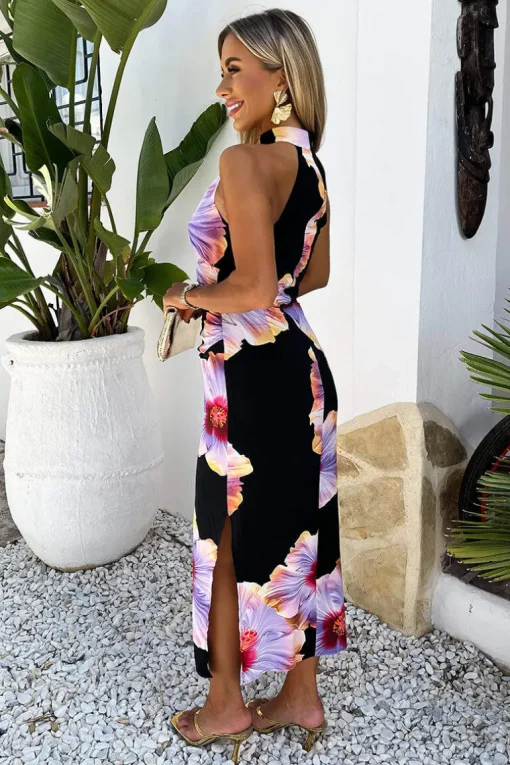 Black And Lilac Floral Print Halter Neck Draped Waist Midi Dress