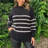 Black and Oatmeal Striped Button Detail Shoulder Knit Jumper