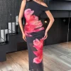 Black and Pink Flower Print Mesh Midi Dress