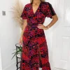Black And Pink Printed Bell Sleeve Ruched Midi Dress