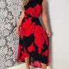 Black And Red Floral Print Wrap Midi Dress